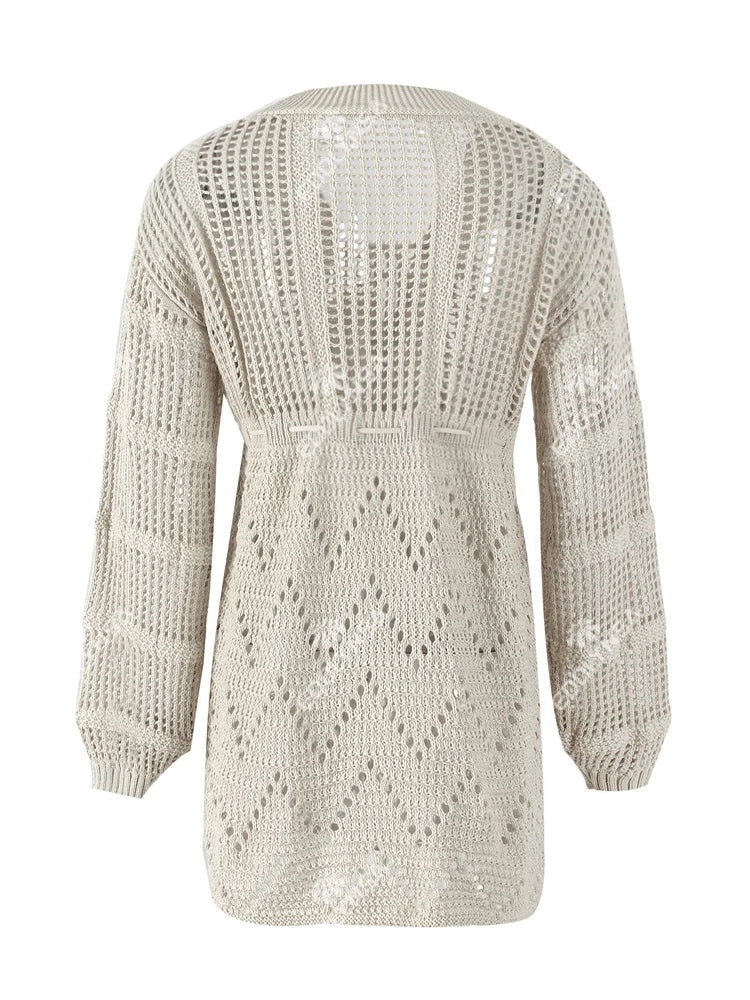 Sexy Deep V-neck Lace-up Bell Sleeve Knit Mesh Hollow Out Beach Mini Dress 2025 Summer Swimsuit Cover Up Women Casual Tunic K14 Luxlife Brands