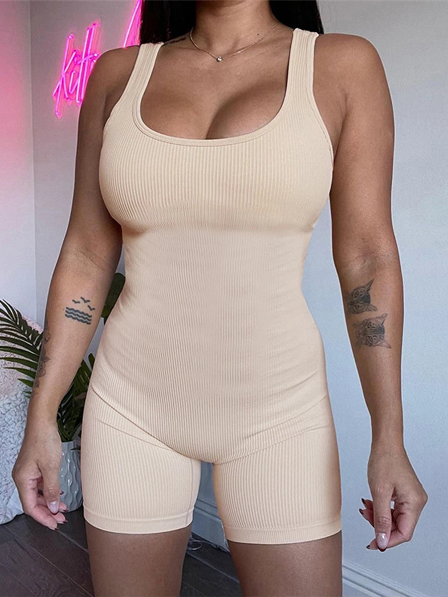 Women Slim Ribbed Knit Yoga Rompers Sleeveless Square Neck Bodycon Romper 1-Piece Workout Shorts Jumpsuits For 2023 Summer LUXLIFE BRANDS