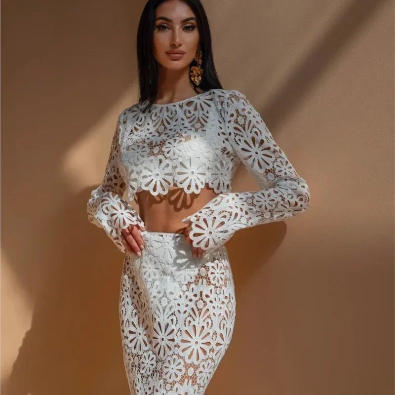 Women Sexy Lace Hollow Out Short Top Skirt Two Piece Sets Female Casual Beach Vacation Fashion New Elegant Slim Summer Dress Set