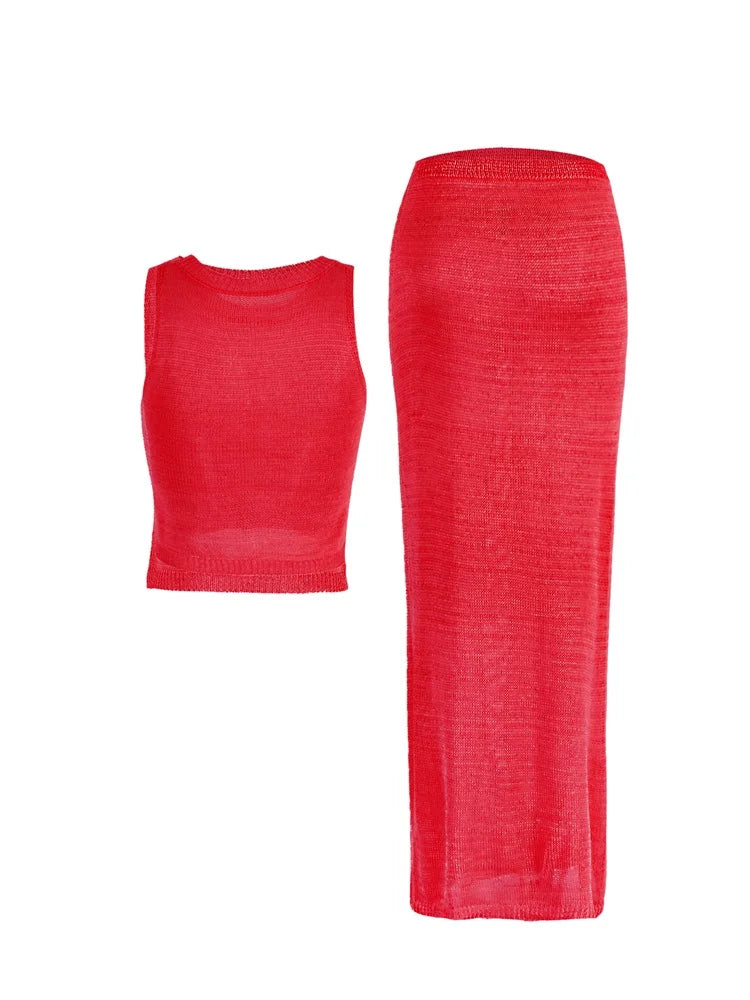 Women Sexy Knit See-through Shiny Top Half Long Skirt Set 2025 Summer Beachwear Swimsuit Cover Up 2 Piece Party Club Outfit K68 Luxlife Brands