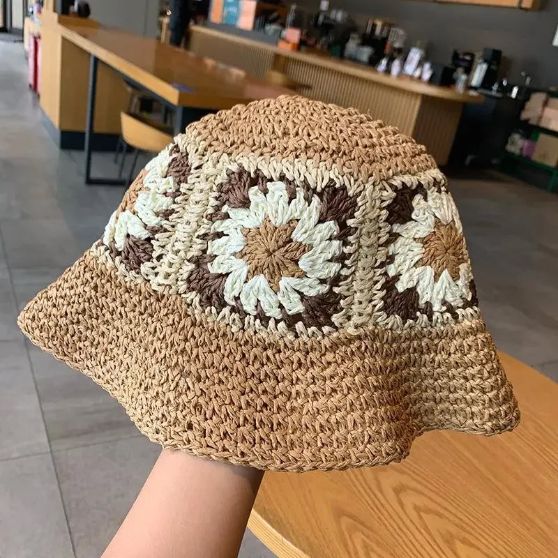 Women Sun Beach Crochet Flowers Hat Fisherman Hat Tourism Female Vacation Paper Straw Bucket Hat