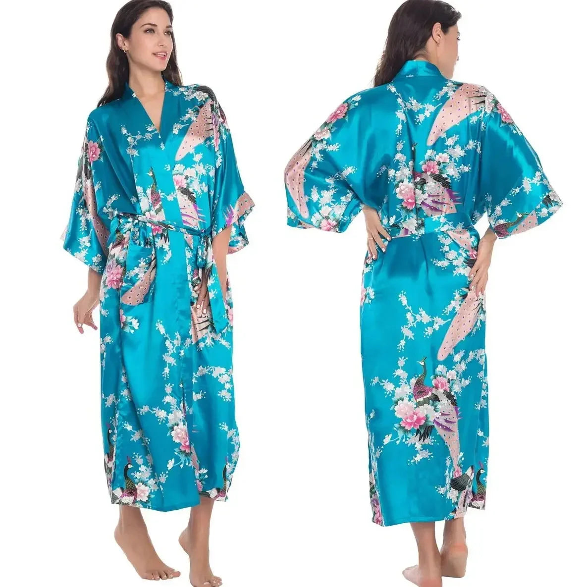 New Long Robe Women's Sleepwear Print Flower Kimono Bathrobe Gown Yukata Loose Silk Satin Nightdress Homewear Intimate Lingerie