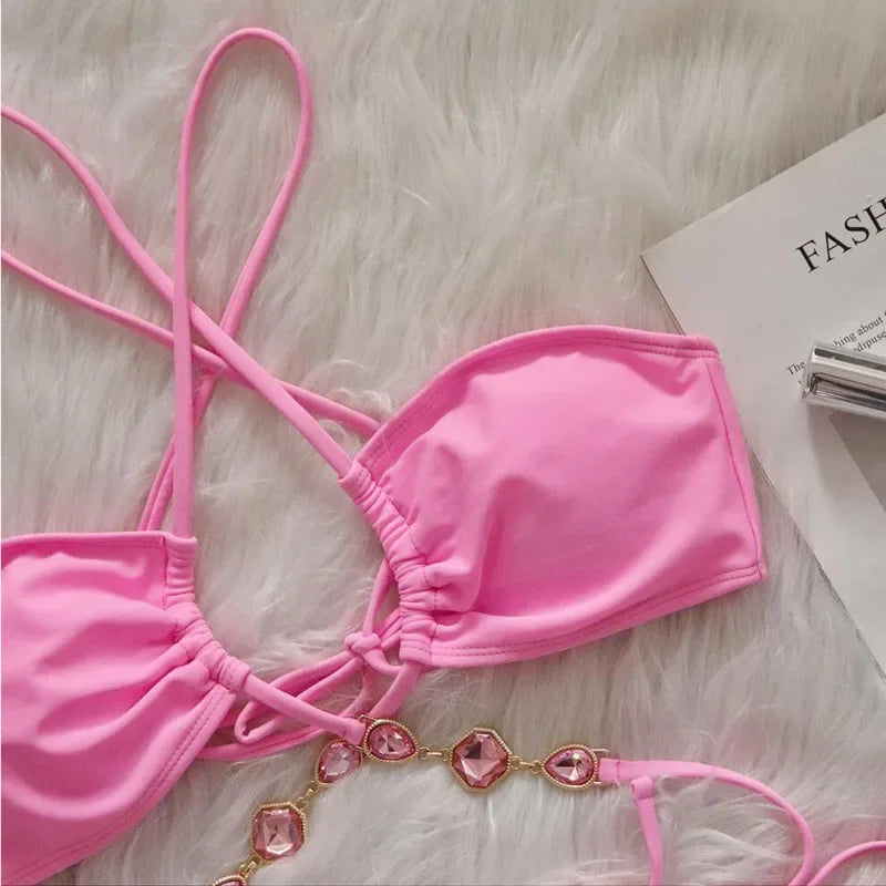 Pink Sexy Bikinis Swimsuit With Rhinestones Women Swimwear Female Push Up Bikini Beach Swim Wear Bathing Suit Pool Bather 2025 Luxlife Brands