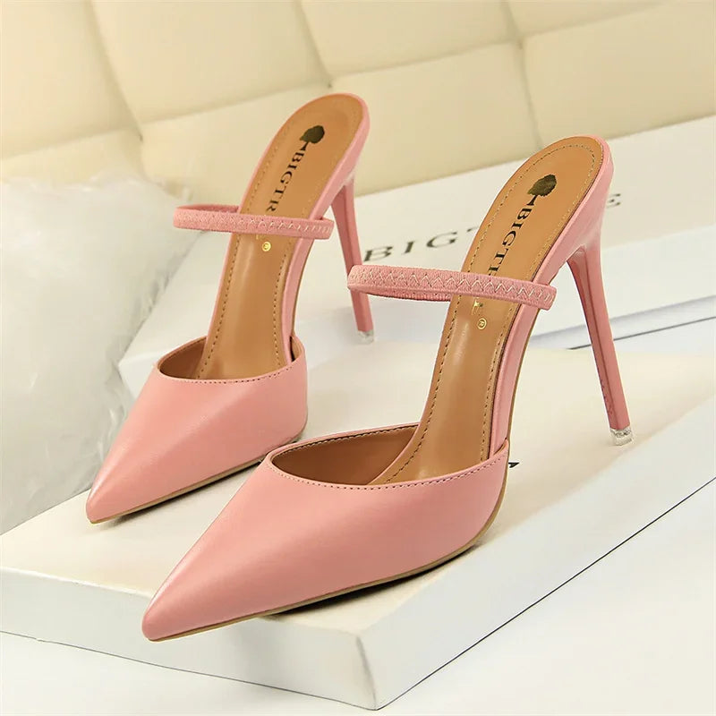Summer Retro Simple Women Shallow Mouth Thin High Heels Mules Slingbacks Slippers Pointed Toe Hollow Wedding Slip On Pumps Shoes
