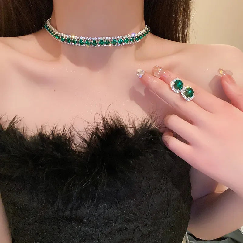FYUAN Luxury Necklace Earrings Sets Green Crystal Necklace Women Weddings Bride Jewelry Accessories LUXLIFE BRANDS