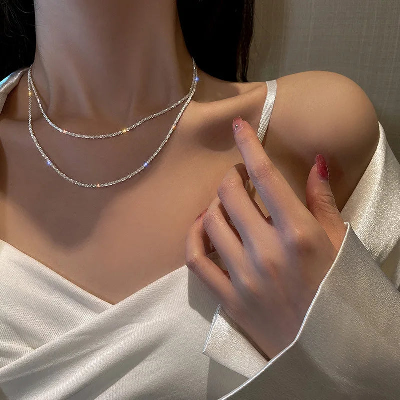 Genuine  Italian S925 Sterling Silver Necklace Sparkling Clavicle Chain Sweater Chain High Jewelry for Woman Fine Jewelry Gifts LUXLIFE BRANDS