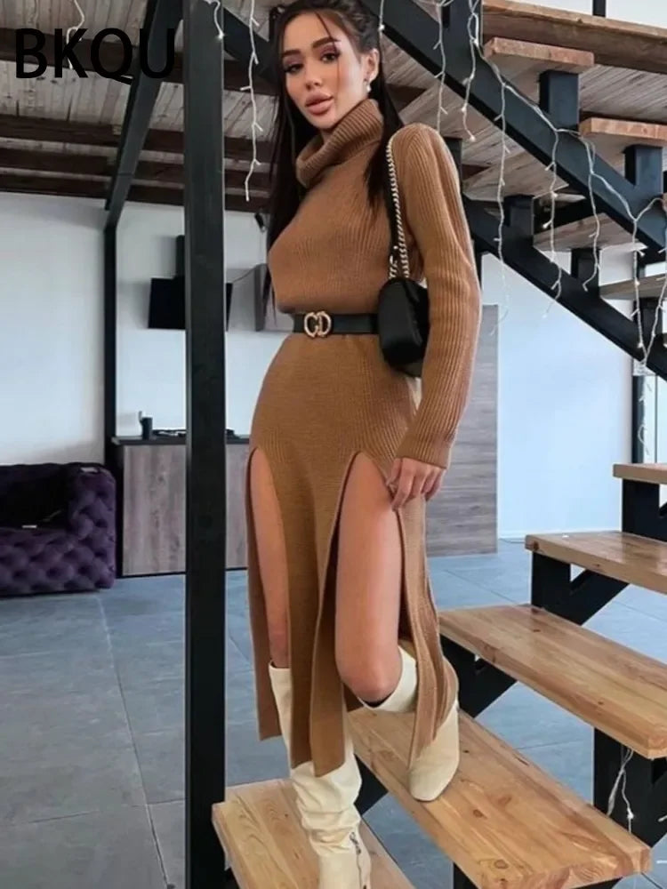 Women's Double Split Ribbed Sweater Midi Dress LUXLIFE BRANDS