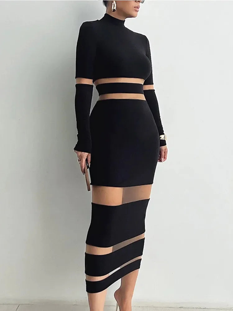 Sexy Lace Hollow Out Dress Women  Elegant Turtleneck Knitting Patchwork Dresses 2023 Autumn Evening Party Long Sleeve Vestido LUXLIFE BRANDS