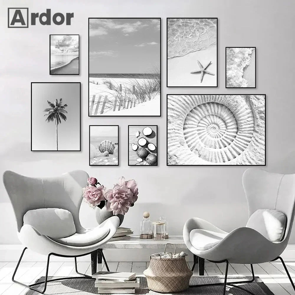 Sea Beach Waves Canvas Poster Black And White Wall Paintings Coconut Tree Art Prints Shell Starfish Print Pictures Bedroom Decor