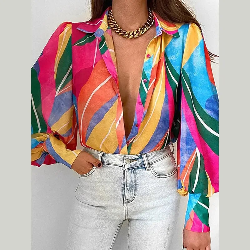 Women&#39;s Floral Print Puff Sleeve Shirt Female Elegant Casual V Neck Shirts 2023 Spring Summer Ladies Tops Blouses Vintage Blouse