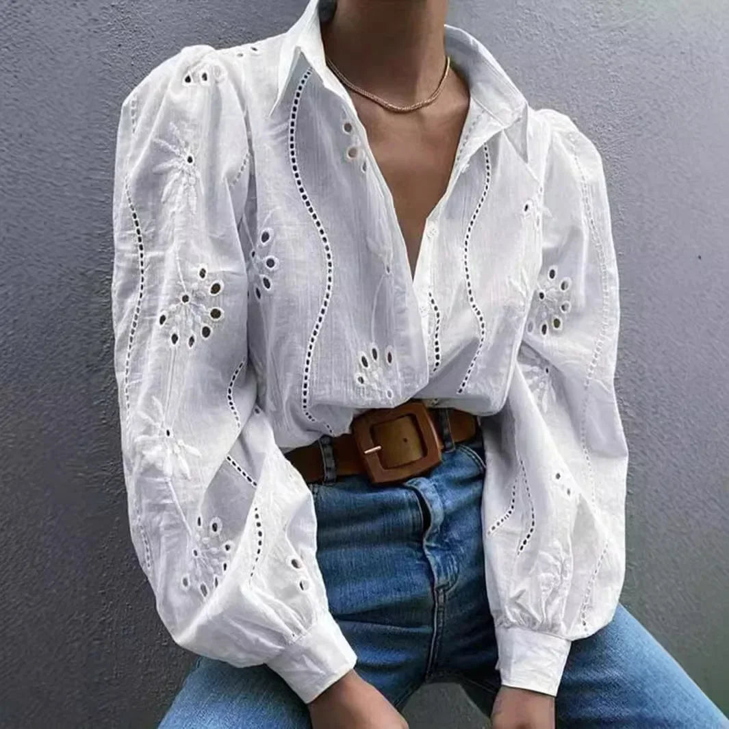 White Long Sleeve Buttons Shirt Women 2024 Autumn Casual Solid Offie Embroidery Women's Tops Blouse Shirts Top Femme Camicette