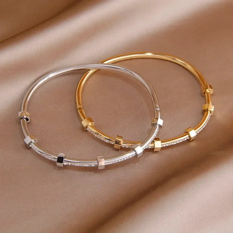 Classic Stainless Steel Open Bangles&bracelets for Women Fashion Brand Jewelry Delicate Full Crystal Bangles LUXLIFE BRANDS