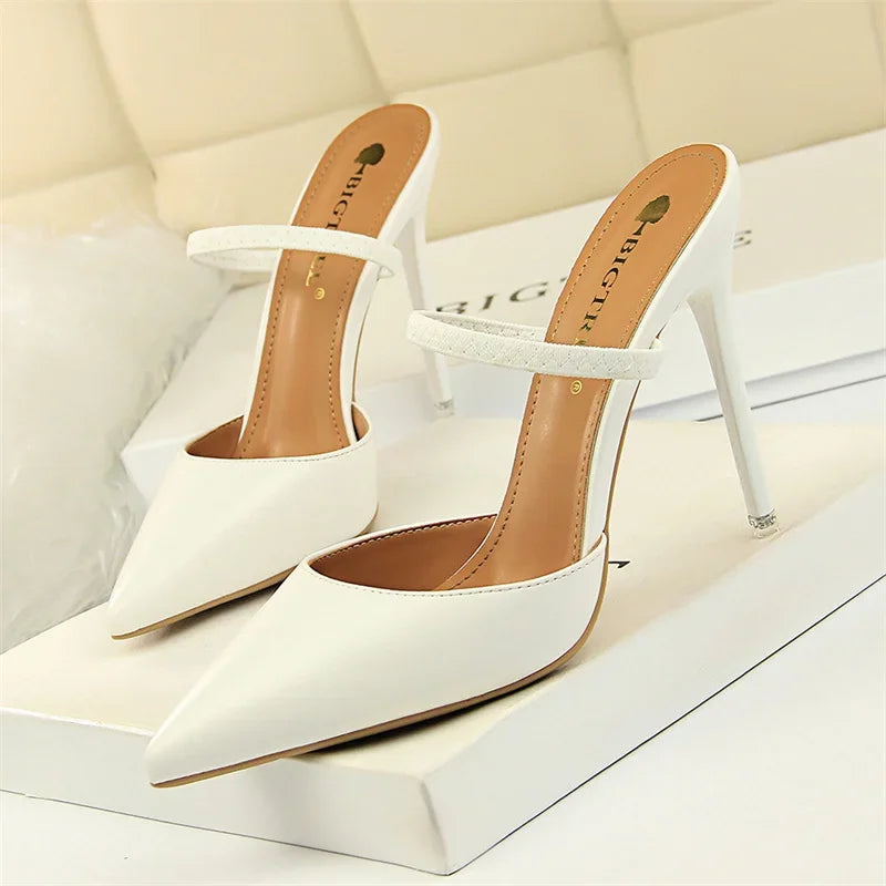 Summer Retro Simple Women Shallow Mouth Thin High Heels Mules Slingbacks Slippers Pointed Toe Hollow Wedding Slip On Pumps Shoes