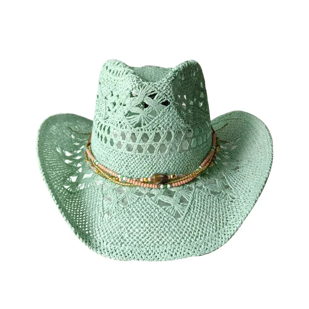 Melesh Western Women's Mint Green Cowboy Hat Straw Cowboy Hat Plasticity Strong Wide Brim Sunshine Beach Western Cowboy Hat
