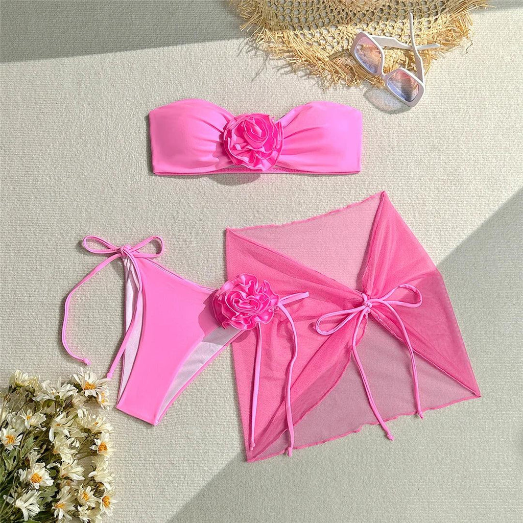 New 3D Flowers With Sarong Bandeau Bikini Female Swimsuit Women Swimwear Three-pieces Bikini set Bather Bathing Suit Swim V5526