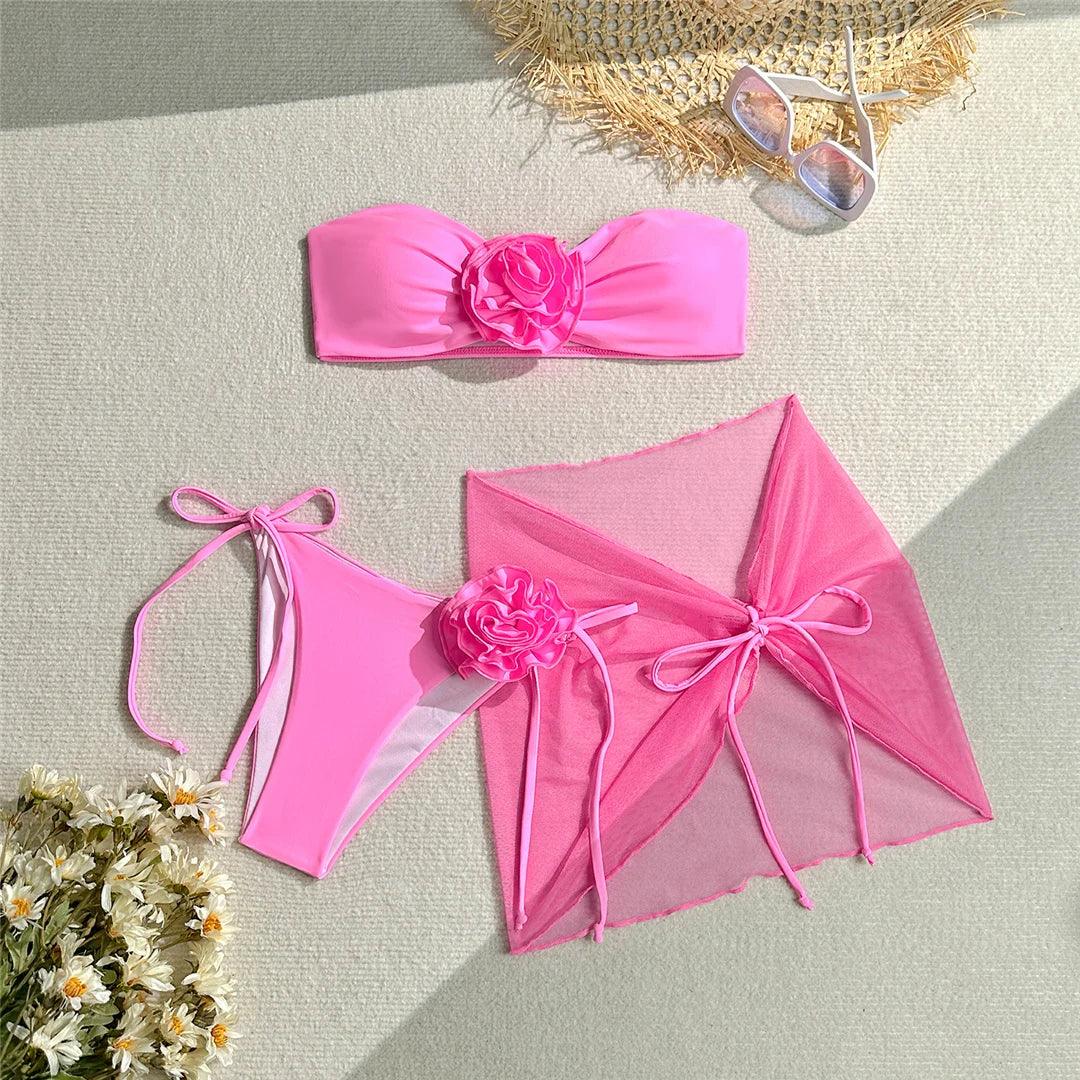 New 3D Flowers With Sarong Bandeau Bikini Female Swimsuit Women Swimwear Three-pieces Bikini set Bather Bathing Suit Swim V5526