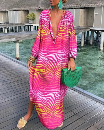 Women Boho Print Beach Cover Up 2023 Summer Sexy Deep V-Neck Long Sleeve Long Dresses Female Vintage Maxi Dresses Elegant Robe