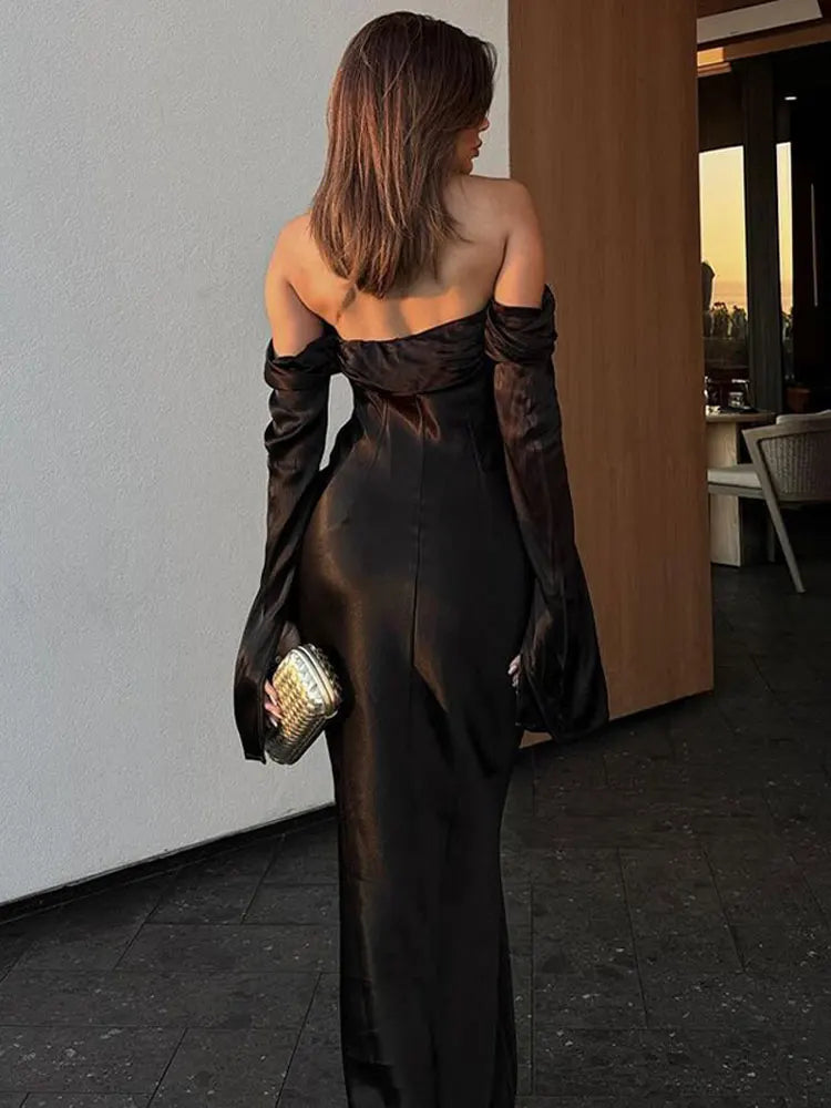Elegant Satin Flare Sleeve Maxi Dress LUXLIFE BRANDS