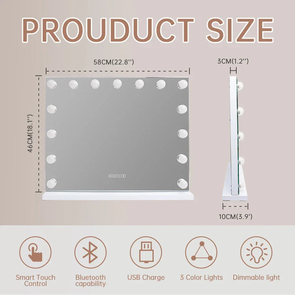Large Bluetooth Vanity Mirror Makeup Mirror with Lights Hollywood Mirror Touchscreen Control Cosmetic Mirrors with 15 LED Bulbs LUXLIFE BRANDS