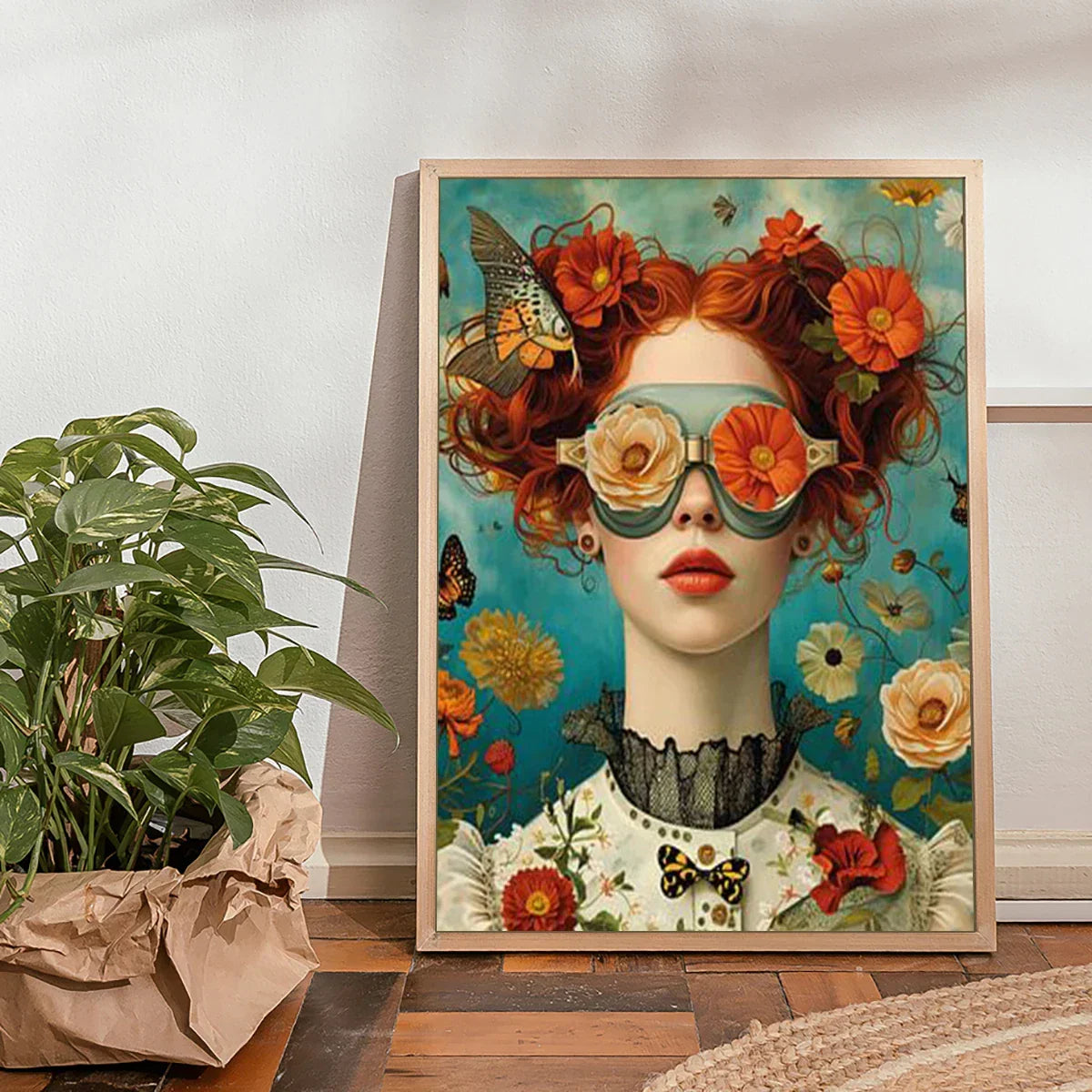 Nordic Boho Fashion Glasses Woman With Flowers Wall Art Canvas Painting Butterfly With Girl Portrait Poster Prints Mural Picture