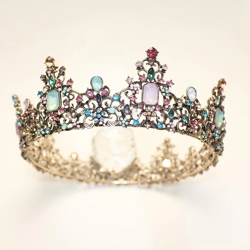 Round Colorful Crystal Rhinestone Wedding Queen Crown Headwear Retro Bridal Crown Color Headwear Crown Party Dress Hair Accessor