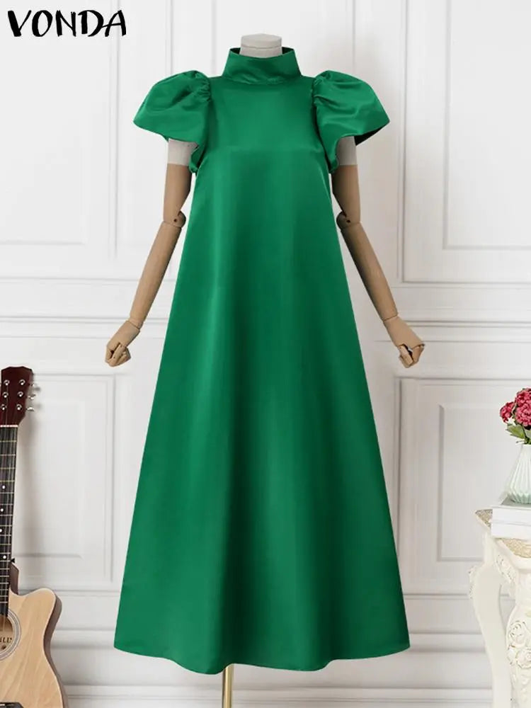 Women Floor-Length Dress 2023 VONDA Bohemian Turtleneck Puff Sleeve Fashion Party Vestidos Elegant Office Sundress Oversized