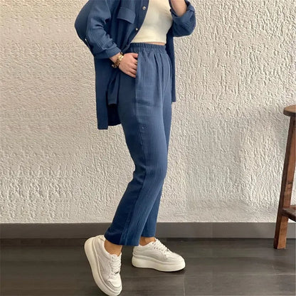 Solid Pleated Two Piece Set For Women 2023 Autumn Tracksuit Casual Long Sleeve Pants Sets Fashion Button Outfits Suit Streetwear