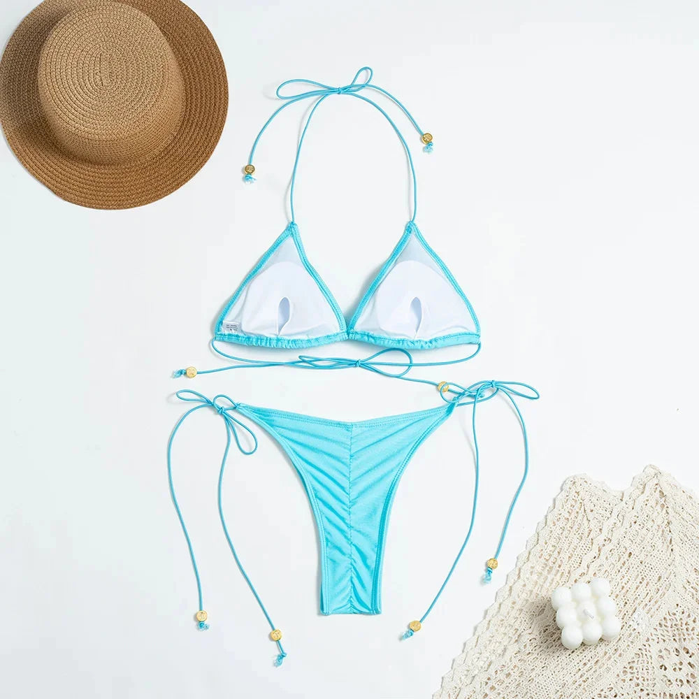 2025 Swimsuits Solid Color Bikini Set Bandage Swimwear Triangle Bathwear New Bathsuit Sexy Bikinis Women's Two Piece Suit Luxlife Brands