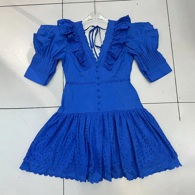 ONEINALL Patchwork Lace Up Dress For Women V Neck Puff Sleeve High Waist Backless Spliced Ruffles Hollow Out Dresses Female New