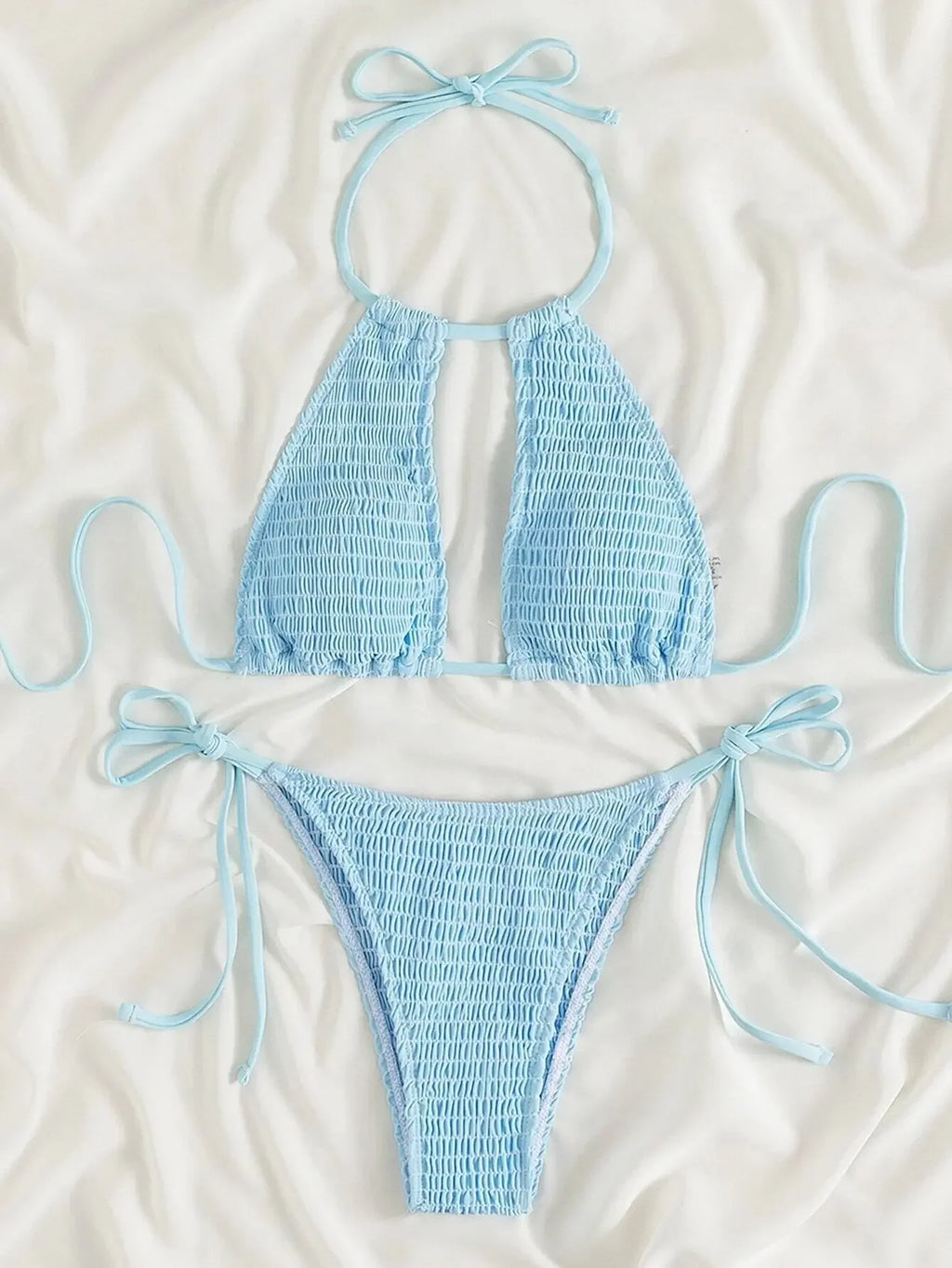 Smocked Halter Tie Side Bikini Swimsuit Women Two Piece Swimwear 2023 Bikini Set Summer Beach Bathing Suit Biquini