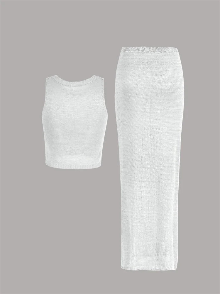 Women Sexy Knit See-through Shiny Top Half Long Skirt Set 2025 Summer Beachwear Swimsuit Cover Up 2 Piece Party Club Outfit K68 Luxlife Brands