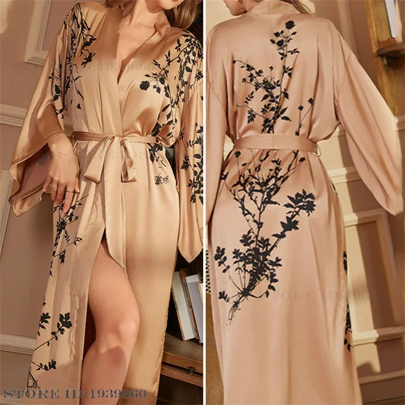 New Long Robe Women's Sleepwear Print Flower Kimono Bathrobe Gown Yukata Loose Silk Satin Nightdress Homewear Intimate Lingerie
