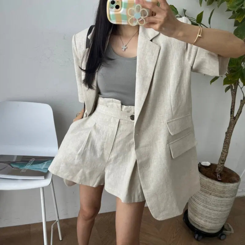Summer Cotton Linen Shorts + Loose Blazer Set