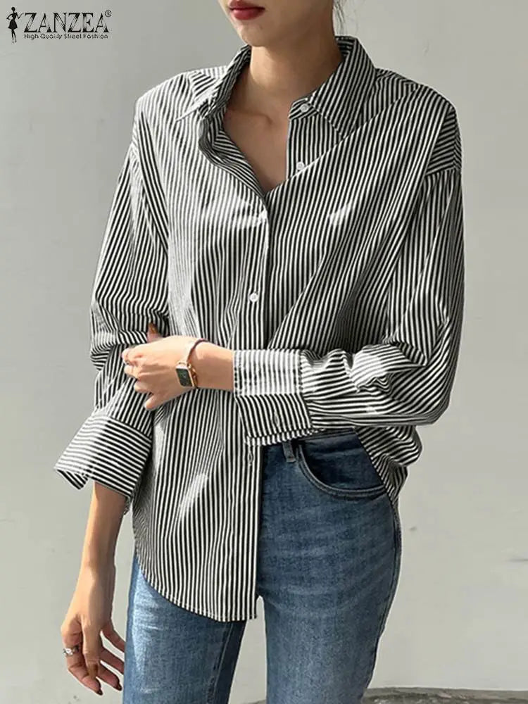 ZANZEA Women Striped Loose Blouse 2023 Office Turn-down Collar Long Sleeve Vintage Top Button-up Shirt Oversized Blusa Femininas