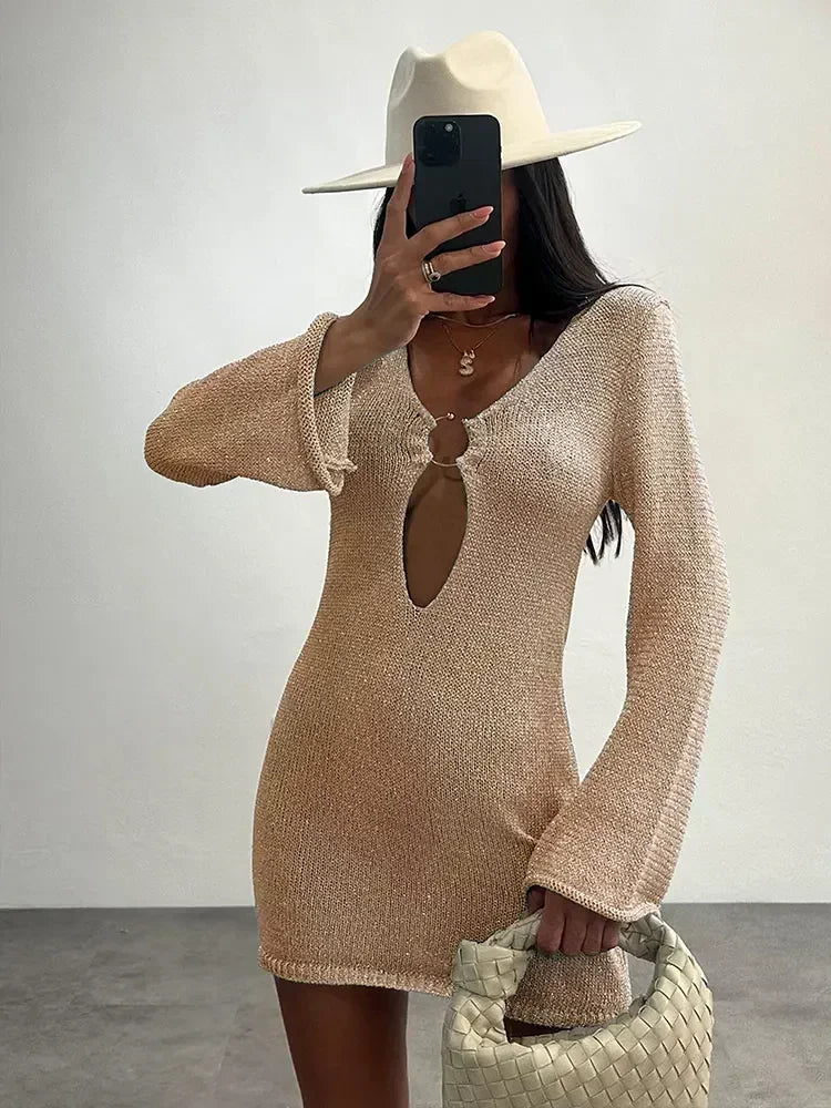 Sexy V Neck Flared Sleeve Slim Knitted Mini Dress 2024 Autumn / Winter Women's Elegant Long Sleeve Vacation Short Dresses A2917