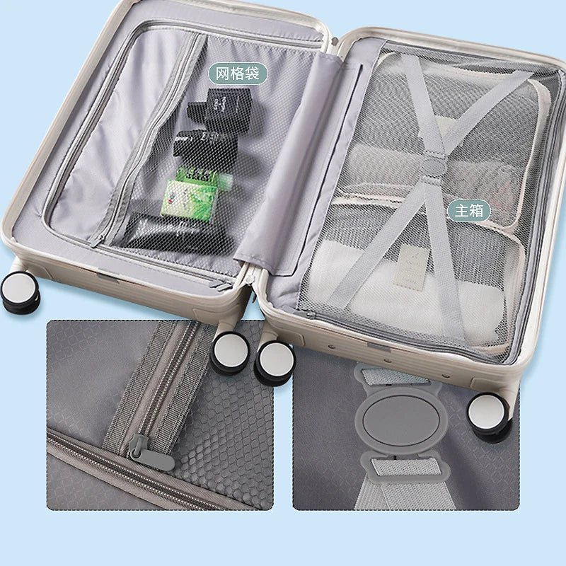 Wide Handle Travel Suitcase Carry-On With Cup Holder, USB Charging