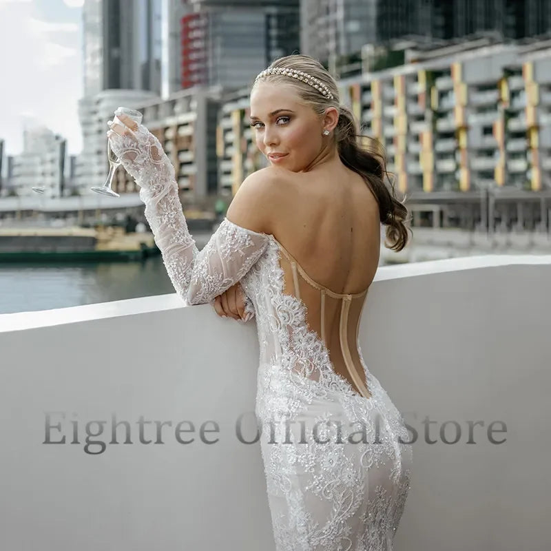 Eightree Elegant Mermaid Wedding Dresses Boho Long Sleeves Lace Bridal Dress White Backless Evening Wedding Gowns Custom Size LUXLIFE BRANDS