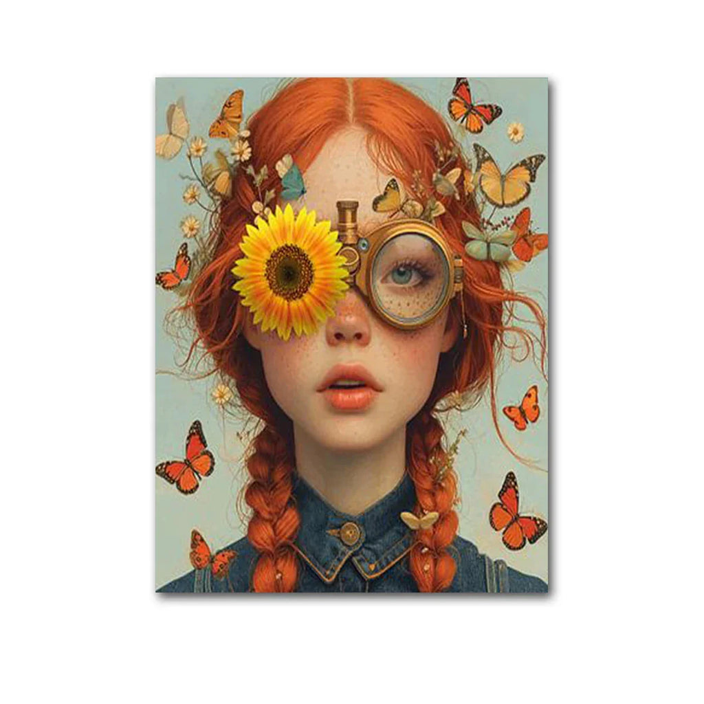 Nordic Boho Fashion Glasses Woman With Flowers Wall Art Canvas Painting Butterfly With Girl Portrait Poster Prints Mural Picture