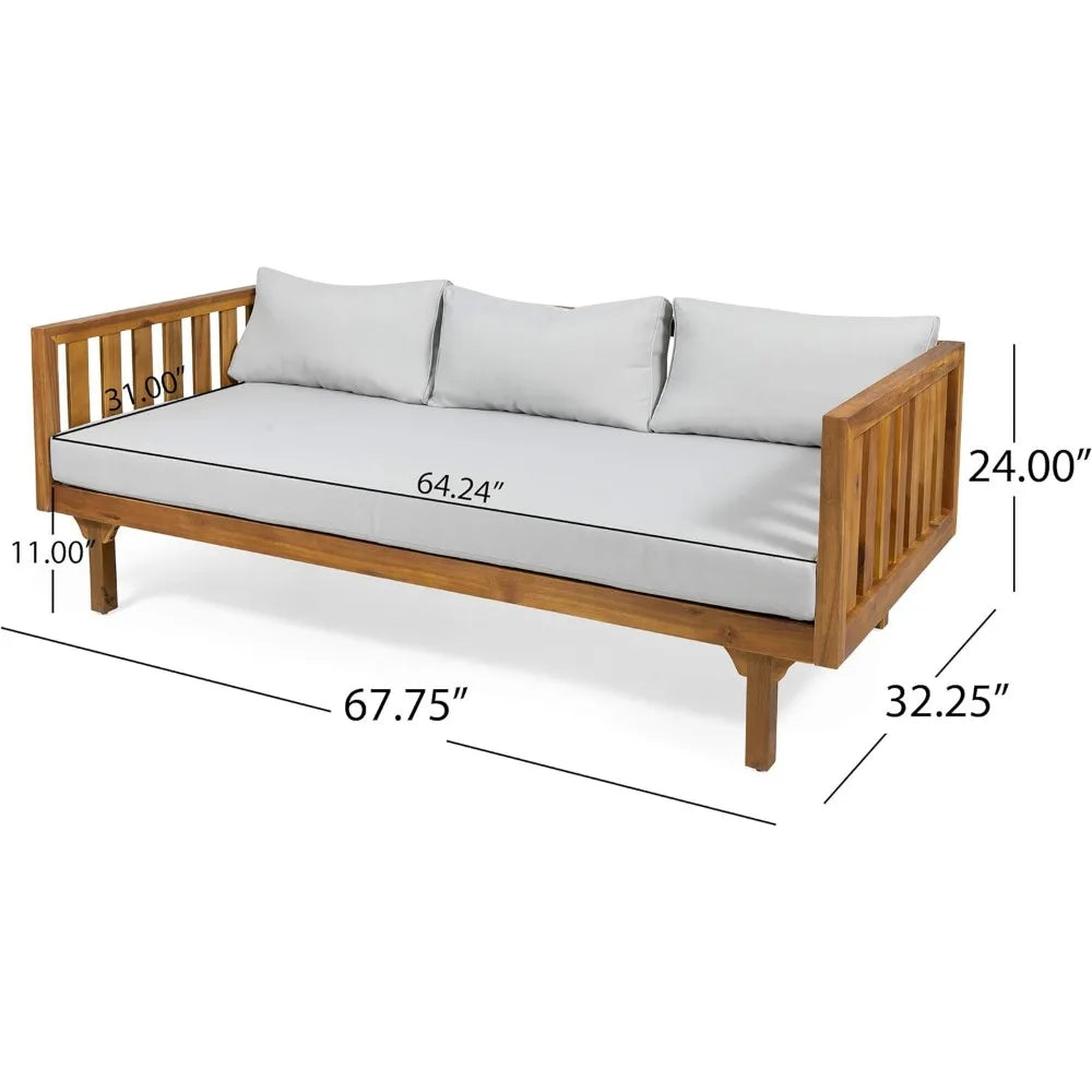 Teak Finish Garden Furniture Tina Outdoor 3 Seater Acacia Wood Daybed Sofa Light Grey