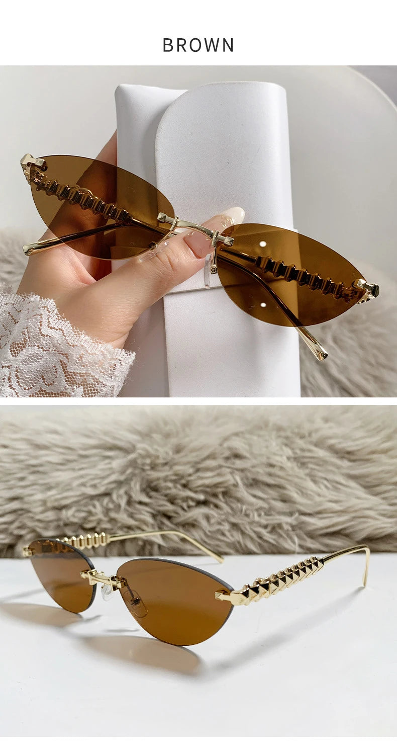 New Cat Eye Rivet Rimless Sunglasses Women Luxury Fashion Brand Oval Narrow Sun Glasses Shades Trendy Elegant Unique Eyewear