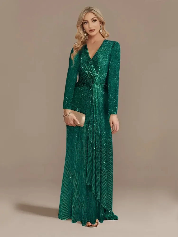 Luxury Long Sleeve V-Neck Formal Evening Dress