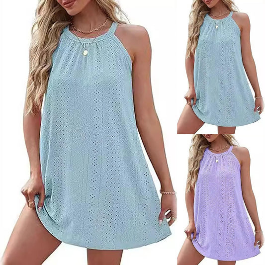 Crochet Hollow Out Summer Dresses For Women Swimsuit Beach Cover Up Skirt Solid Color Sleeveless Tank Dress Casual Loose Tops