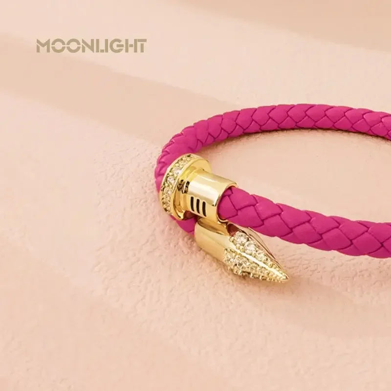 MOONLIGHT Genuine Braided Leather Bracelet for Woman High Quality Classic Cubic Zirconia Nail Bracelet Female Jewelry Gifts