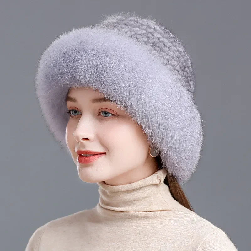 New Genuine Real Natural Knitted Mink Fur Hat Cap Luxury Women Handmade Knit Fashion Winter Headwear Warm Real Fox Fur Beanies LUXLIFE BRANDS