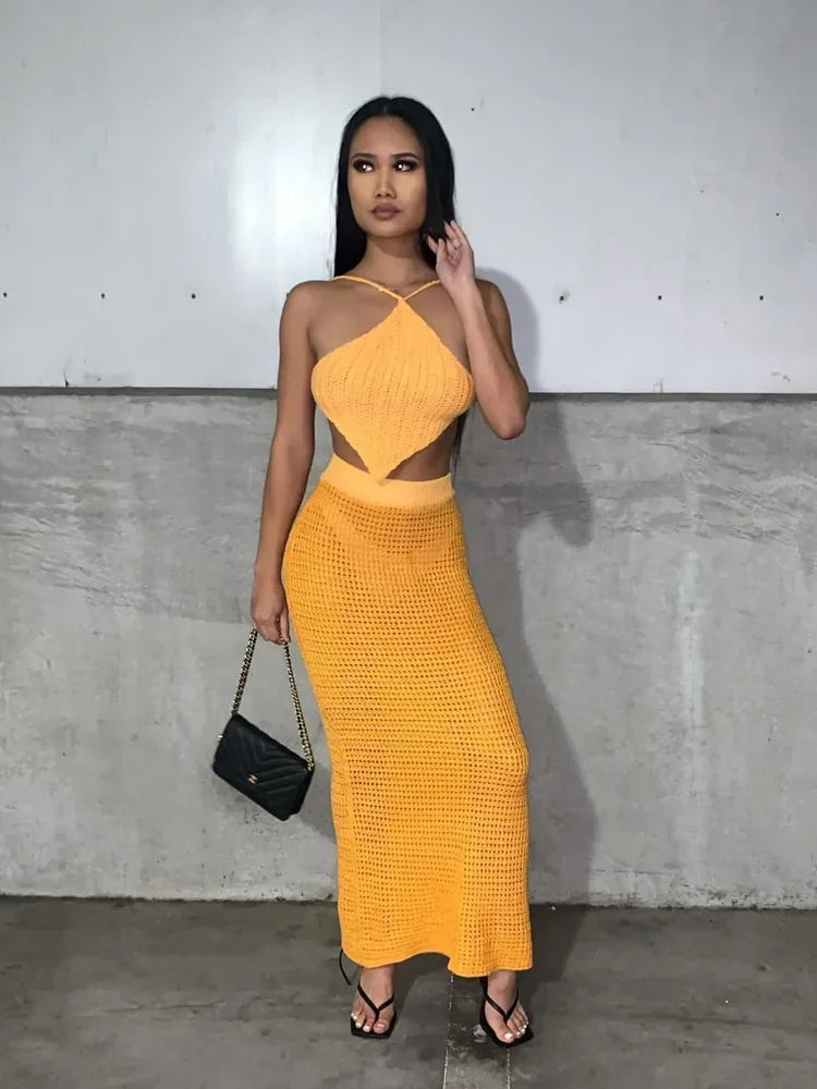 hirigin Fashion Knitted Summer Holiday Beach 2 Piece Sets Outfits for Women Elegant Top and Skirt Sexy Matching Sets Co-Ord Sets