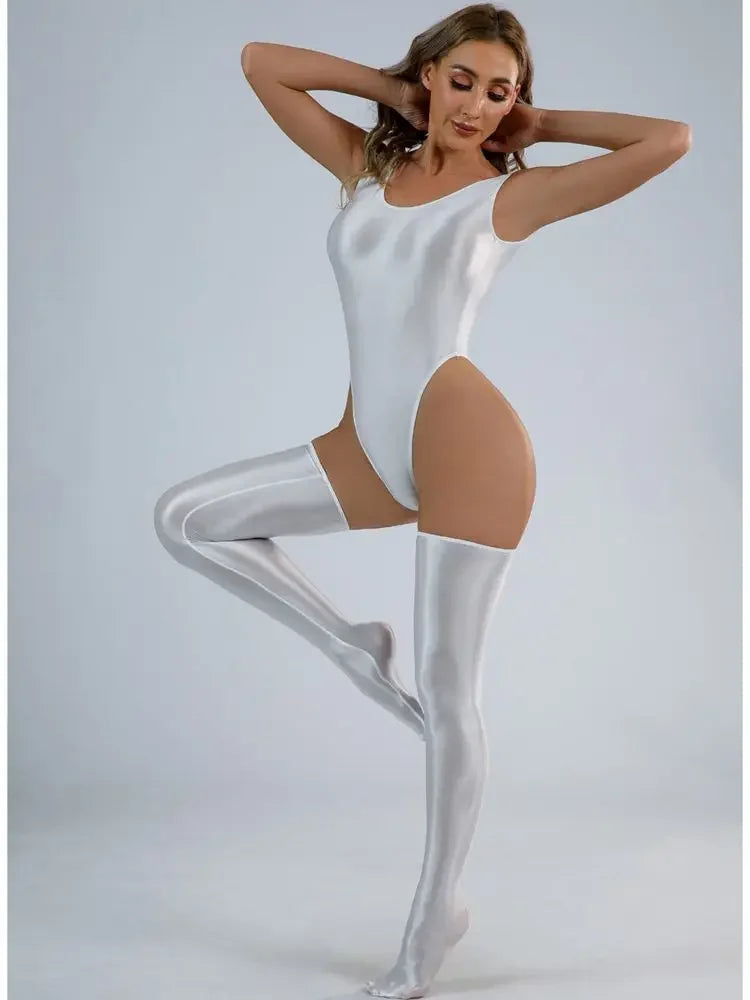 Sleeveless High Cut Thong Bodysuit Glossy Shiny Swimsuit Tights Hot Sexy Bikini Sukumizu Swimwear Body Tops Athletic Gym Leotard