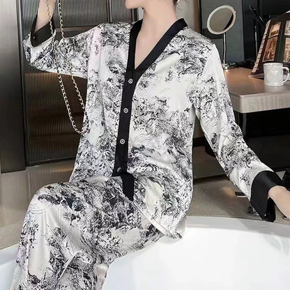 Ladies Pajamas Spring Autumn Faux Silk Pajama Sets Long Sleeve Cardigan Sleepwear Luxury Women's Pijamas Fashion Pyjamas