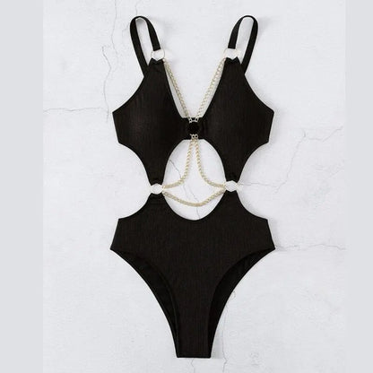 One-Piece Bikini Set Solid Color with Splicing Triangle Swimsuit Bodysuit Hollow Out Metal Chain Decorative Swimwear for Women
