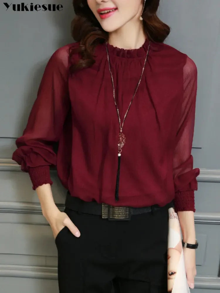 Spring Summer Elegant blouse women Korean Chiffon Shirt Women Long Sleeve Ruffled Women&#39;s shirts and blouses Office Lady Tops