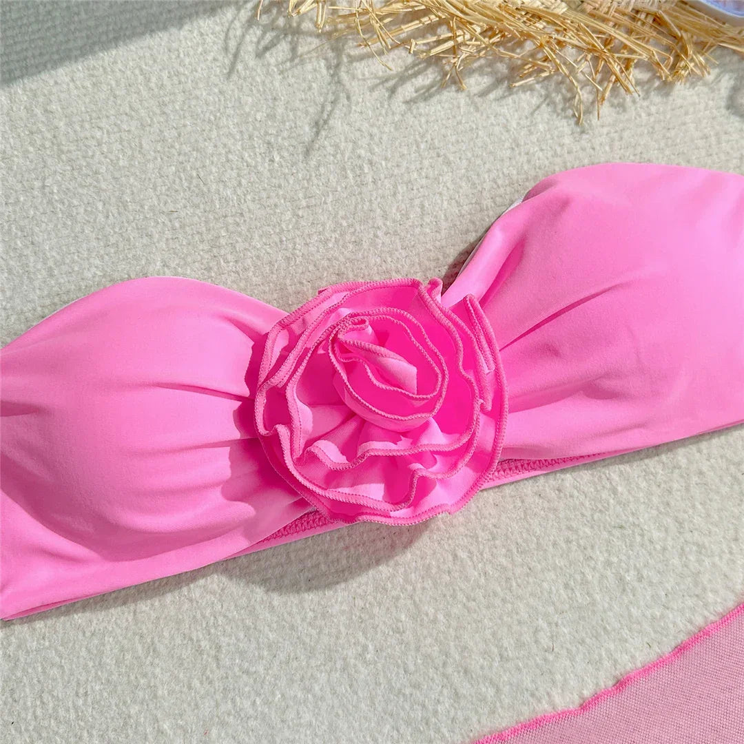 New 3D Flowers With Sarong Bandeau Bikini Female Swimsuit Women Swimwear Three-pieces Bikini set Bather Bathing Suit Swim V5526